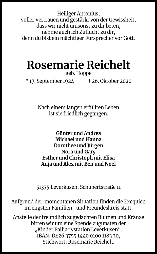  Traueranzeige für Rosemarie Reichelt vom 03.11.2020 aus Kölner Stadt-Anzeiger / Kölnische Rundschau / Express