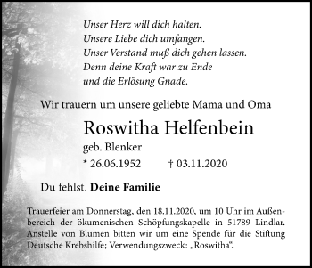 Anzeige von Roswitha Helfenbein von Kölner Stadt-Anzeiger / Kölnische Rundschau / Express