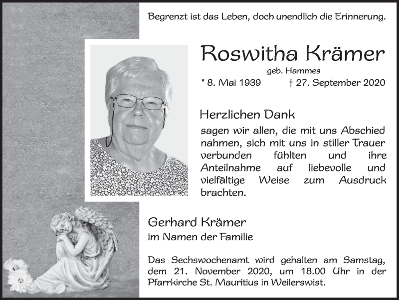  Traueranzeige für Roswitha Krämer vom 07.11.2020 aus  Blickpunkt Euskirchen 