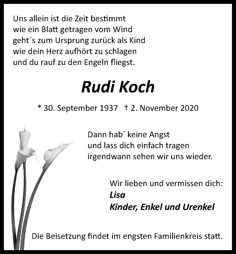  Traueranzeige für Rudi Koch vom 07.11.2020 aus Kölner Stadt-Anzeiger / Kölnische Rundschau / Express