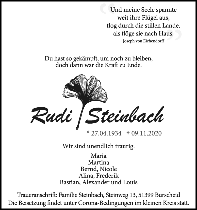  Traueranzeige für Rudi Steinbach vom 14.11.2020 aus Kölner Stadt-Anzeiger / Kölnische Rundschau / Express