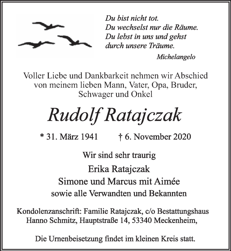  Traueranzeige für Rudolf Ratajczak vom 13.11.2020 aus  Schaufenster/Blickpunkt 