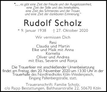 Anzeige von Rudolf Scholz von Kölner Stadt-Anzeiger / Kölnische Rundschau / Express