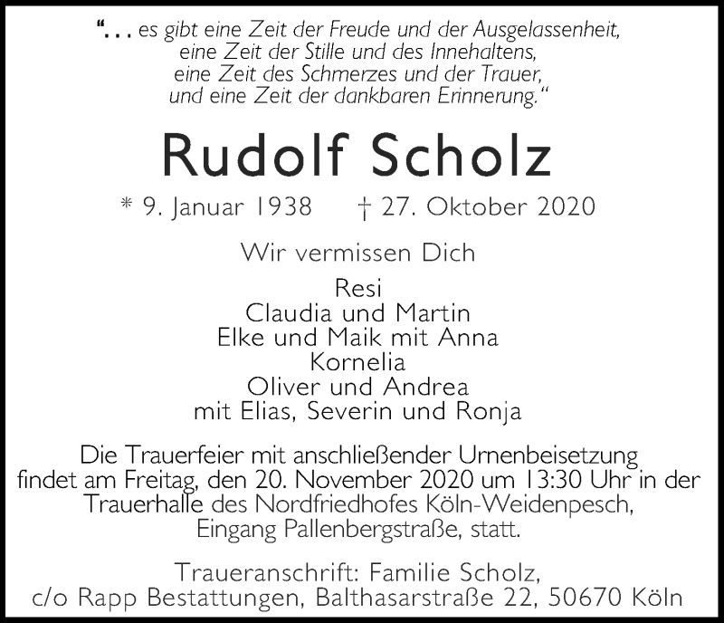  Traueranzeige für Rudolf Scholz vom 14.11.2020 aus Kölner Stadt-Anzeiger / Kölnische Rundschau / Express