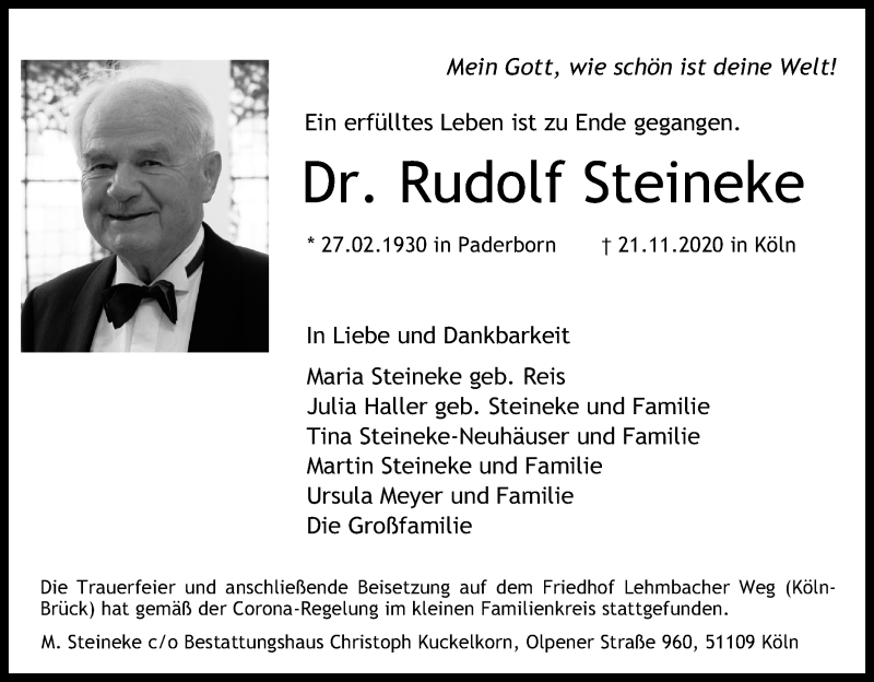  Traueranzeige für Rudolf Steineke vom 28.11.2020 aus Kölner Stadt-Anzeiger / Kölnische Rundschau / Express