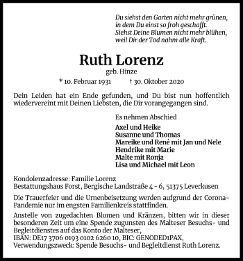 Anzeige von Ruth Lorenz von Kölner Stadt-Anzeiger / Kölnische Rundschau / Express