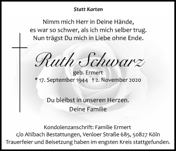 Anzeige von Ruth Schwarz von Kölner Stadt-Anzeiger / Kölnische Rundschau / Express
