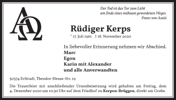 Anzeige von Rüdiger Kerps von  Werbepost 