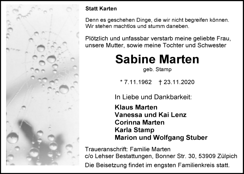  Traueranzeige für Sabine Marten vom 28.11.2020 aus  Blickpunkt Euskirchen 