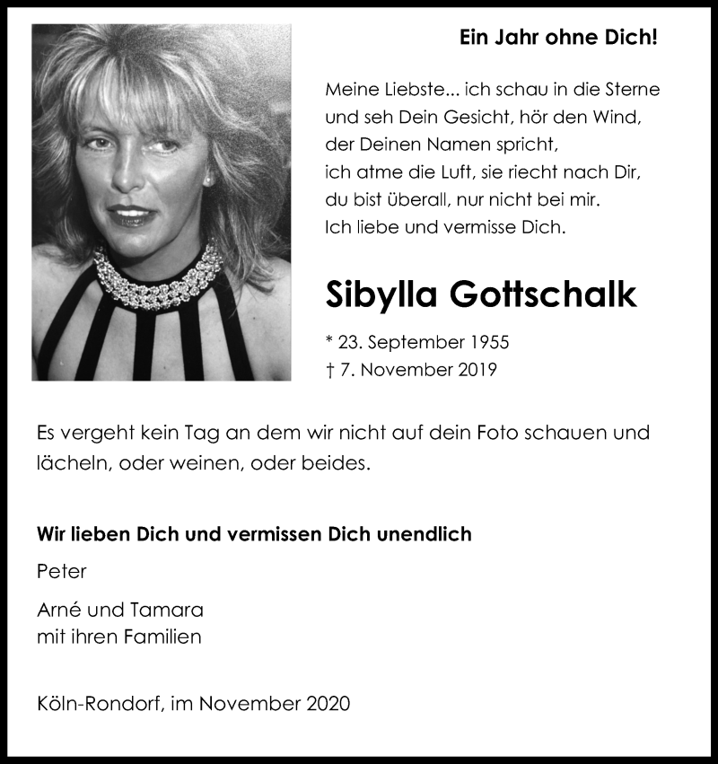  Traueranzeige für Sibylla Gottschalk vom 07.11.2020 aus Kölner Stadt-Anzeiger / Kölnische Rundschau / Express