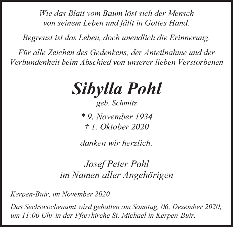  Traueranzeige für Sibylla Pohl vom 27.11.2020 aus  Werbepost 
