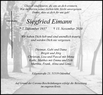 Anzeige von Siegfried Eimann von Kölner Stadt-Anzeiger / Kölnische Rundschau / Express