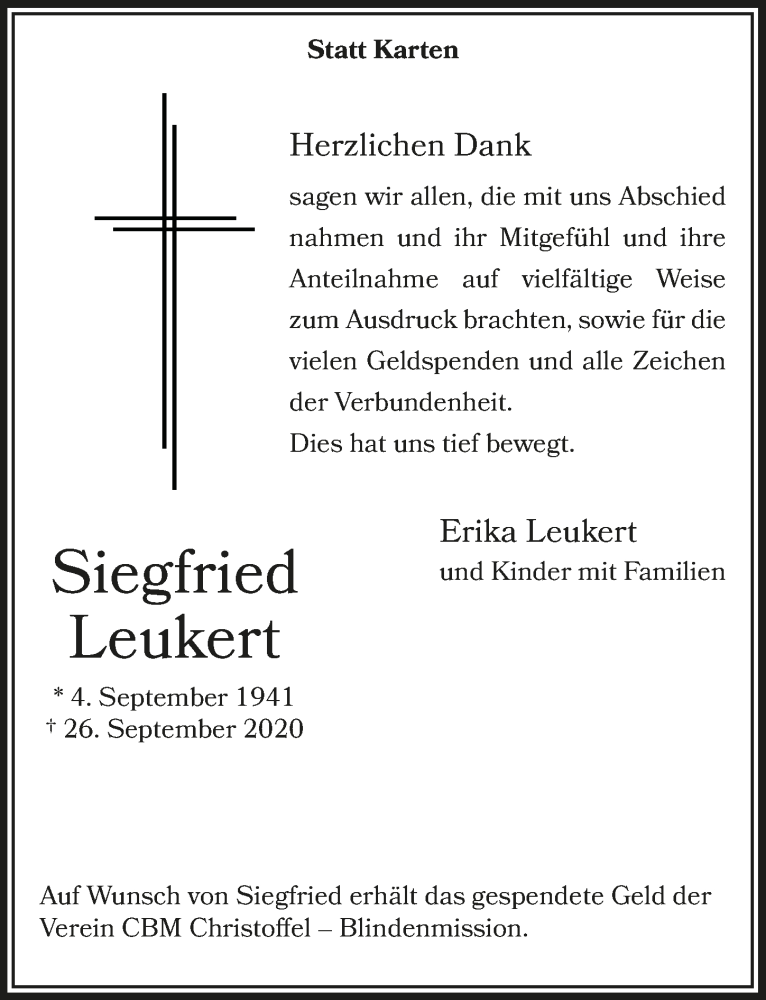  Traueranzeige für Siegfried Leukert vom 06.11.2020 aus  Bergisches Handelsblatt 