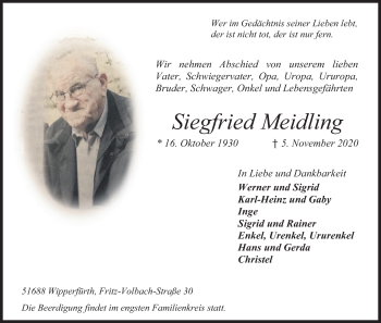 Anzeige von Siegfried Meidling von Kölner Stadt-Anzeiger / Kölnische Rundschau / Express