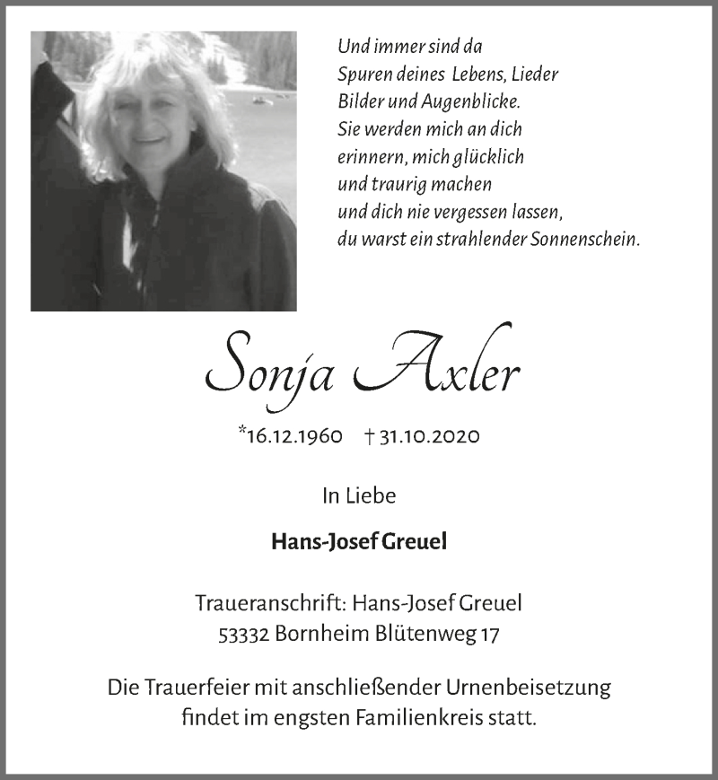  Traueranzeige für Sonja Axler vom 06.11.2020 aus  Schaufenster/Blickpunkt 