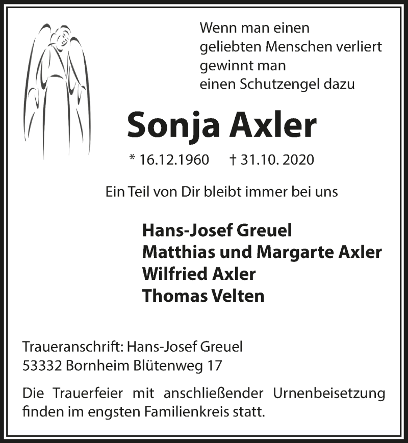  Traueranzeige für Sonja Axler vom 06.11.2020 aus  Schaufenster/Blickpunkt 
