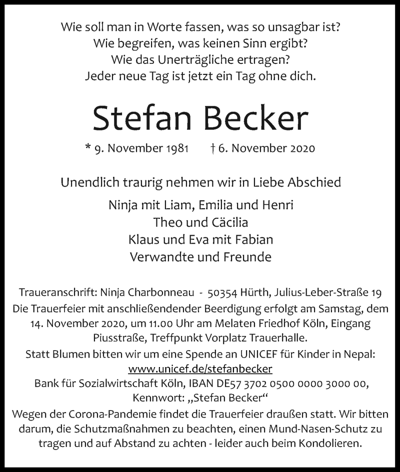  Traueranzeige für Stefan Becker vom 12.11.2020 aus Kölner Stadt-Anzeiger / Kölnische Rundschau / Express