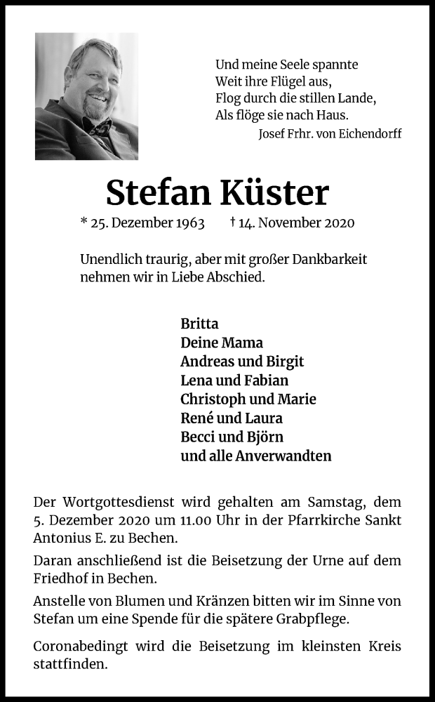  Traueranzeige für Stefan Küster vom 28.11.2020 aus Kölner Stadt-Anzeiger / Kölnische Rundschau / Express