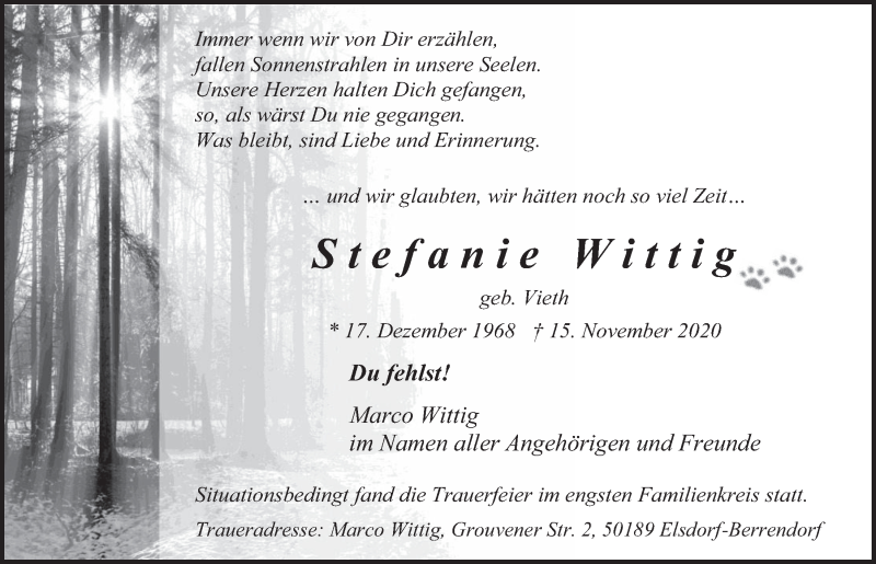  Traueranzeige für Stefanie Wittig vom 27.11.2020 aus  Werbepost 