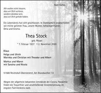 Anzeige von Thea Stock von Kölner Stadt-Anzeiger / Kölnische Rundschau / Express