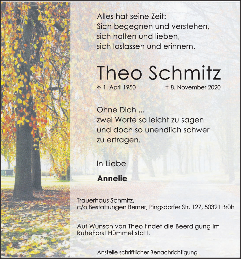  Traueranzeige für Theo Schmitz vom 20.11.2020 aus  Schlossbote/Werbekurier 