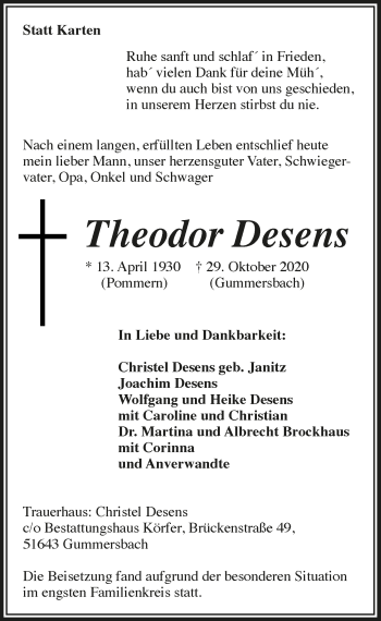Anzeige von Theodor Desens von  Anzeigen Echo 