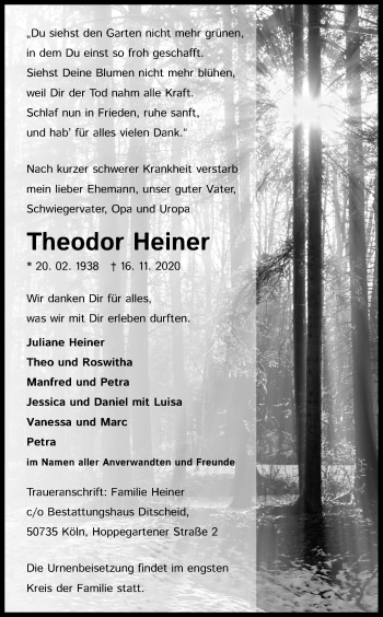Anzeige von Theodor Heiner von Kölner Stadt-Anzeiger / Kölnische Rundschau / Express