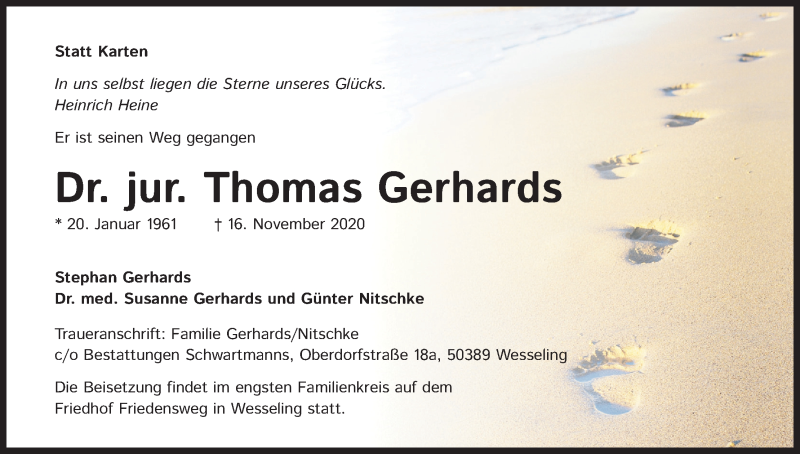  Traueranzeige für Thomas Gerhards vom 28.11.2020 aus Kölner Stadt-Anzeiger / Kölnische Rundschau / Express