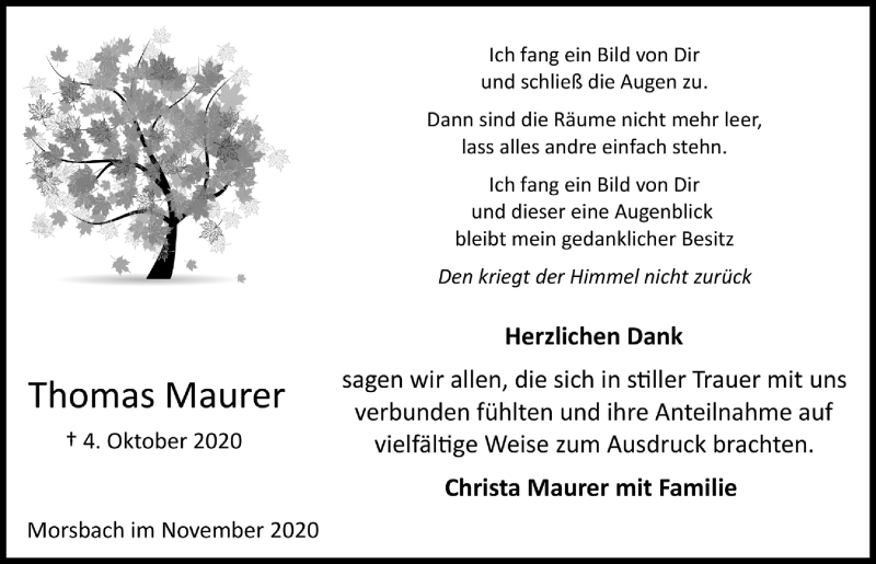  Traueranzeige für Thomas Maurer vom 13.11.2020 aus  Lokalanzeiger 