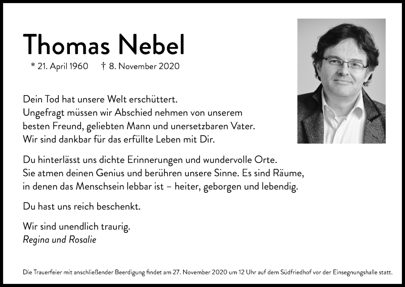  Traueranzeige für Thomas Nebel vom 14.11.2020 aus Kölner Stadt-Anzeiger / Kölnische Rundschau / Express