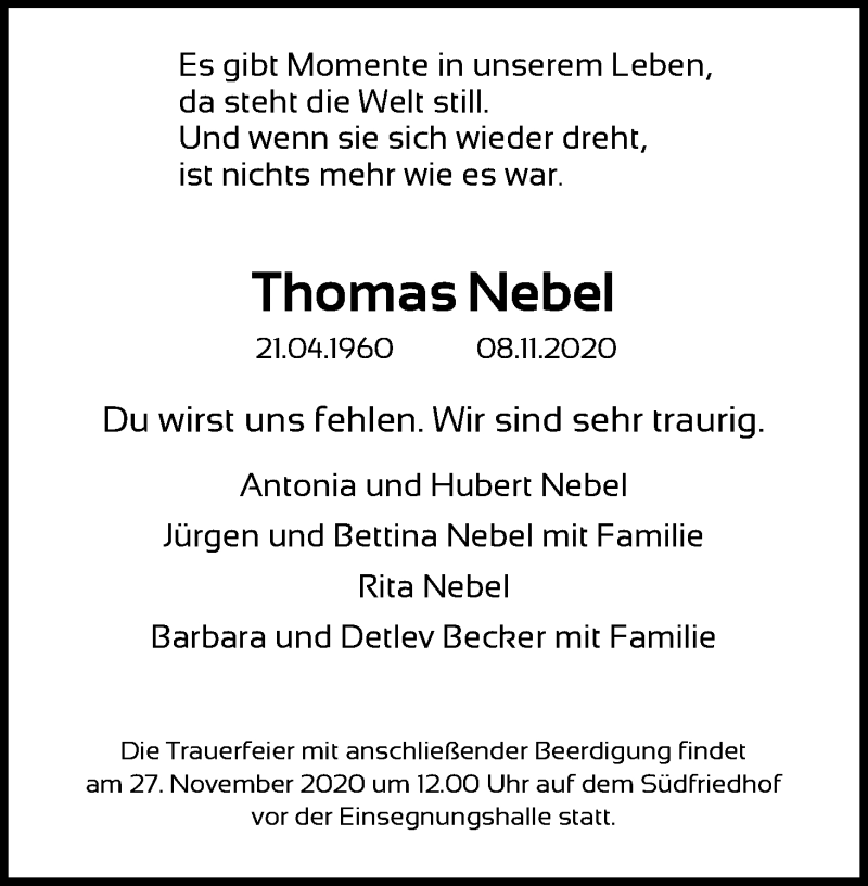 Traueranzeige für Thomas Nebel vom 14.11.2020 aus Kölner Stadt-Anzeiger / Kölnische Rundschau / Express