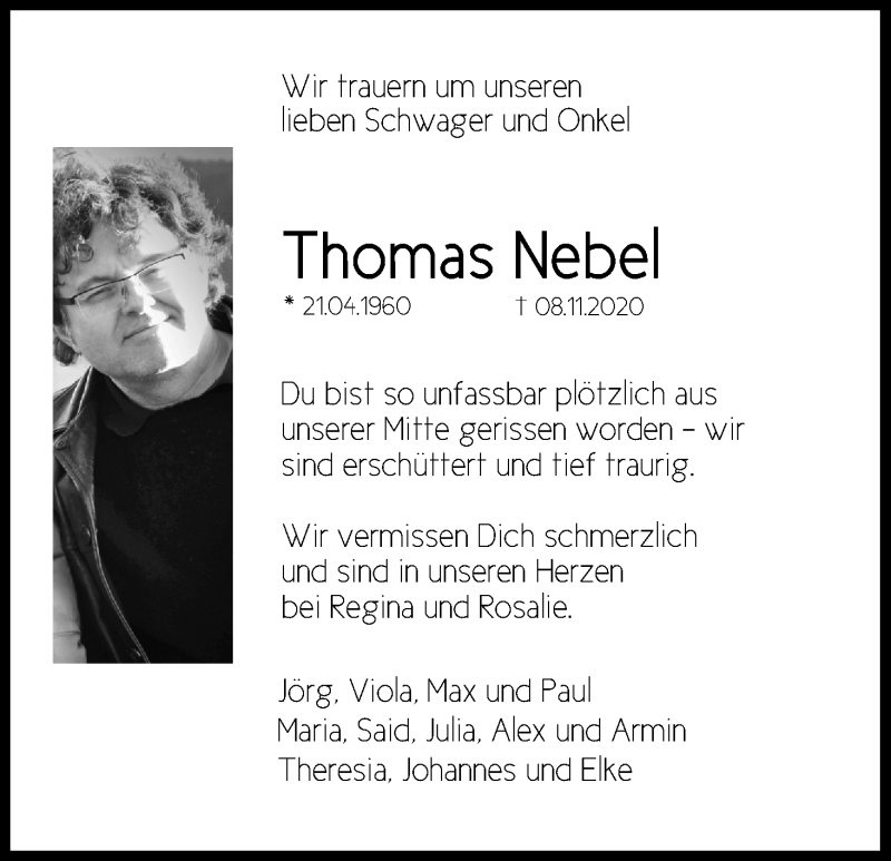  Traueranzeige für Thomas Nebel vom 21.11.2020 aus Kölner Stadt-Anzeiger / Kölnische Rundschau / Express