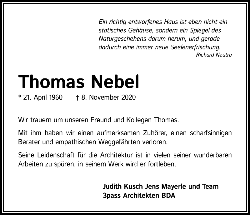  Traueranzeige für Thomas Nebel vom 14.11.2020 aus Kölner Stadt-Anzeiger / Kölnische Rundschau / Express