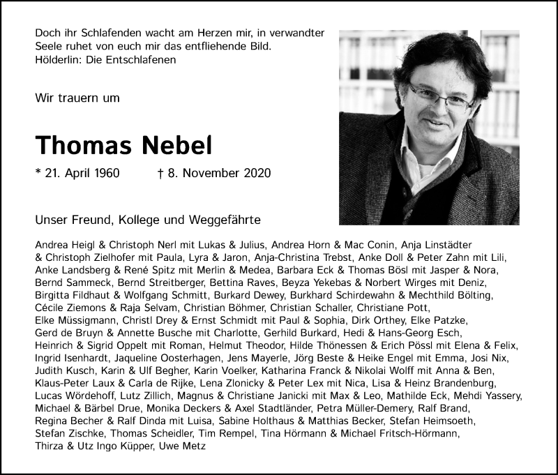  Traueranzeige für Thomas Nebel vom 21.11.2020 aus Kölner Stadt-Anzeiger / Kölnische Rundschau / Express