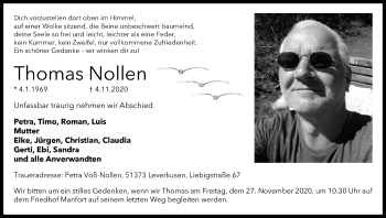 Anzeige von Thomas Nollen von Kölner Stadt-Anzeiger / Kölnische Rundschau / Express