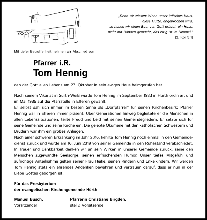  Traueranzeige für Tom Hennig vom 04.11.2020 aus Kölner Stadt-Anzeiger / Kölnische Rundschau / Express