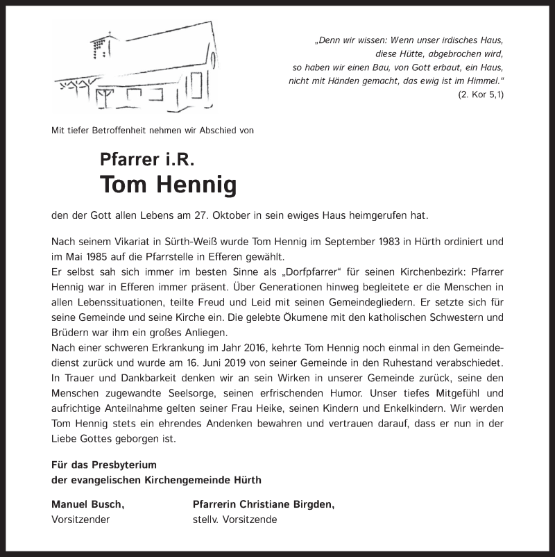  Traueranzeige für Tom Hennig vom 06.11.2020 aus  Wochenende 