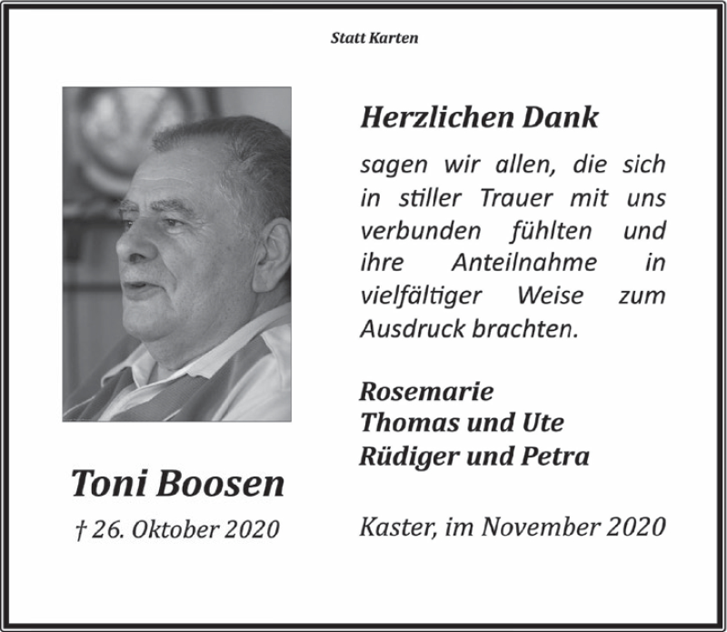  Traueranzeige für Toni Boosen vom 13.11.2020 aus  Werbepost 