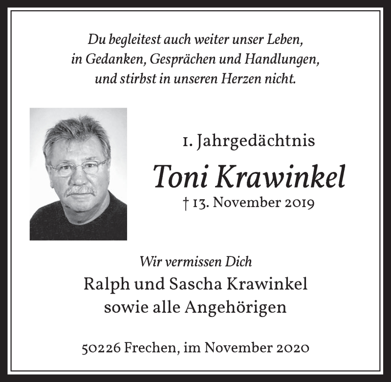  Traueranzeige für Toni Krawinkel vom 13.11.2020 aus  Wochenende 