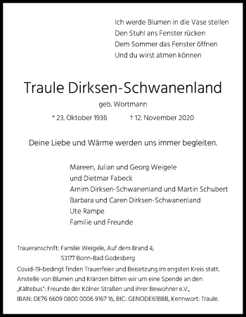 Anzeige von Traule Dirksen-Schwanenland von Kölner Stadt-Anzeiger / Kölnische Rundschau / Express