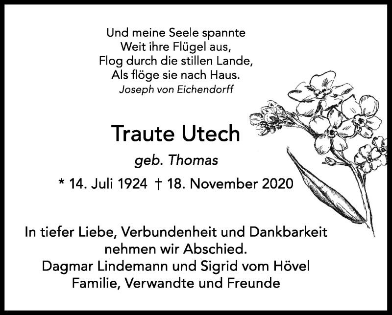  Traueranzeige für Traute Utech vom 25.11.2020 aus Kölner Stadt-Anzeiger / Kölnische Rundschau / Express