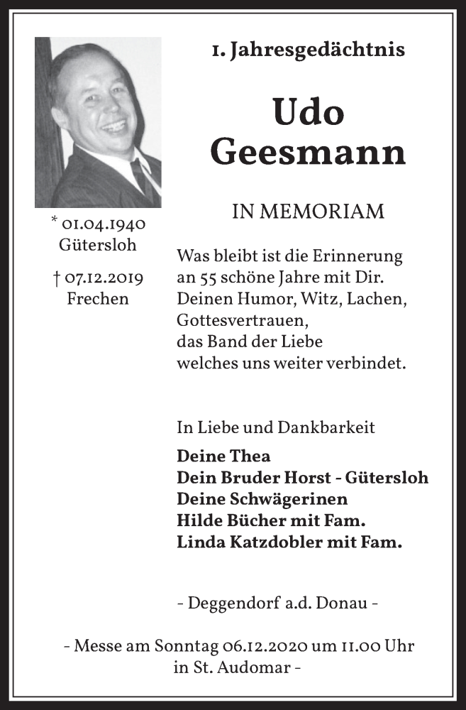  Traueranzeige für Udo Geesmann vom 27.11.2020 aus  Wochenende 