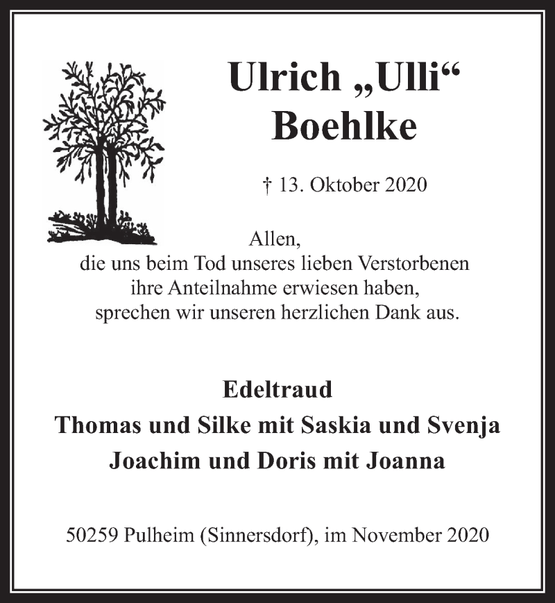  Traueranzeige für Ulrich Boehlke vom 27.11.2020 aus  Wochenende 