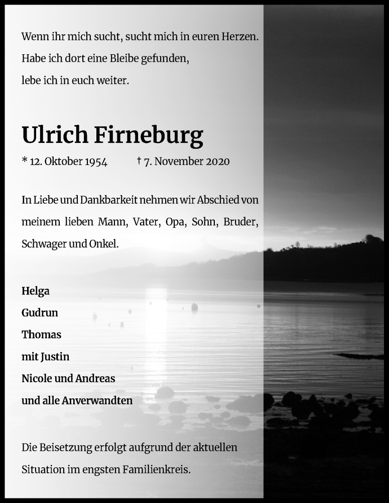  Traueranzeige für Ulrich Firneburg vom 14.11.2020 aus Kölner Stadt-Anzeiger / Kölnische Rundschau / Express