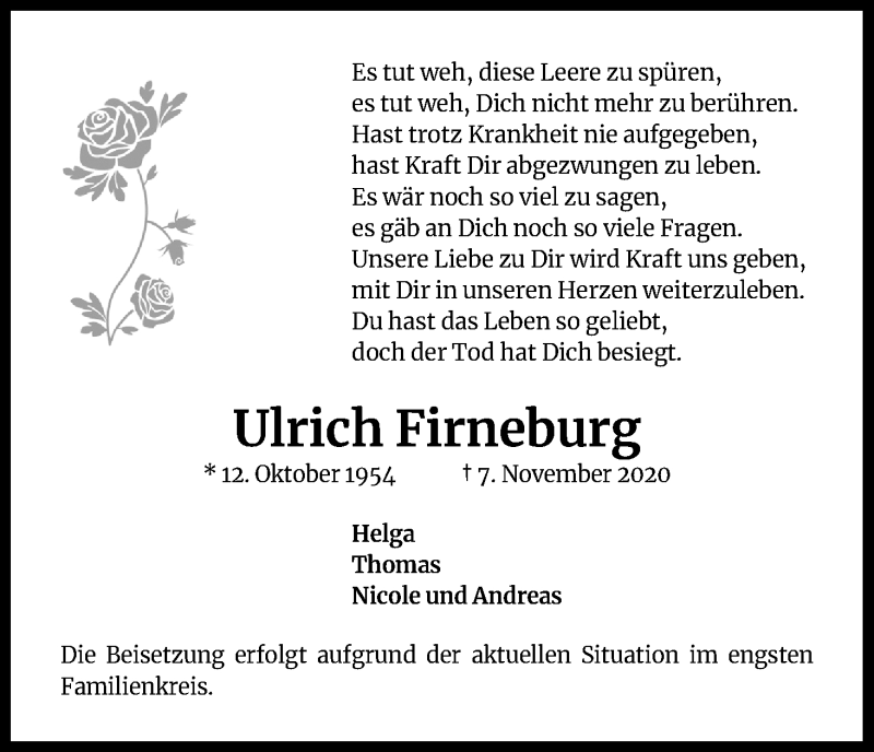  Traueranzeige für Ulrich Firneburg vom 14.11.2020 aus Kölner Stadt-Anzeiger / Kölnische Rundschau / Express