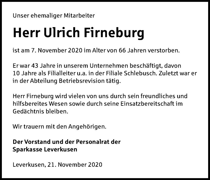  Traueranzeige für Ulrich Firneburg vom 21.11.2020 aus Kölner Stadt-Anzeiger / Kölnische Rundschau / Express