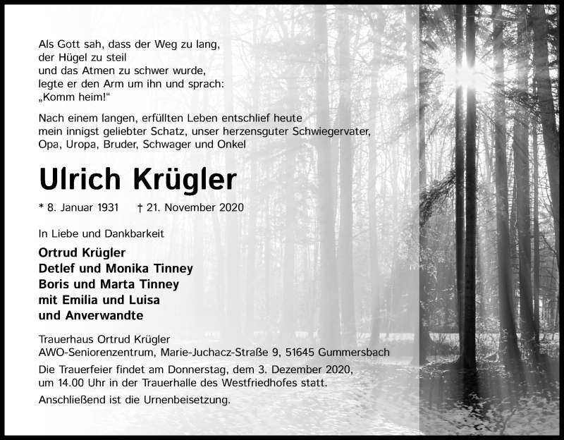  Traueranzeige für Ulrich Krügler vom 28.11.2020 aus Kölner Stadt-Anzeiger / Kölnische Rundschau / Express
