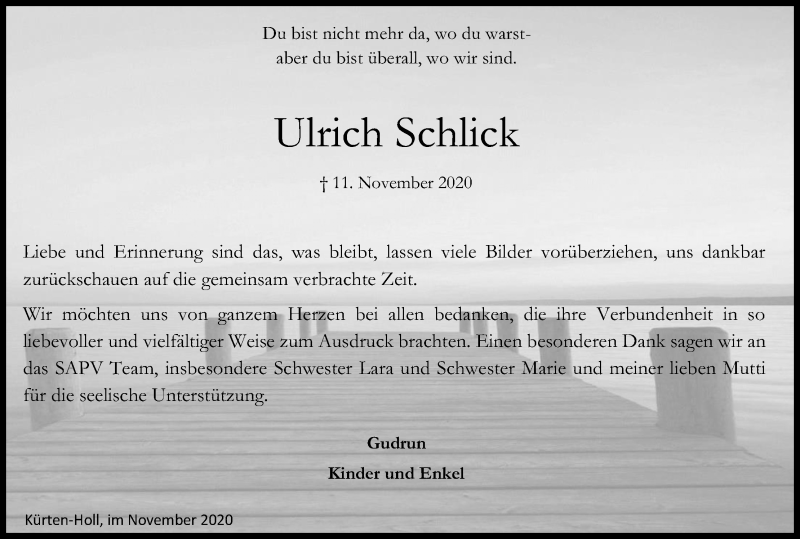  Traueranzeige für Ulrich Schlick vom 28.11.2020 aus Kölner Stadt-Anzeiger / Kölnische Rundschau / Express