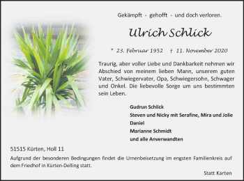 Anzeige von Ulrich Schlick von Kölner Stadt-Anzeiger / Kölnische Rundschau / Express
