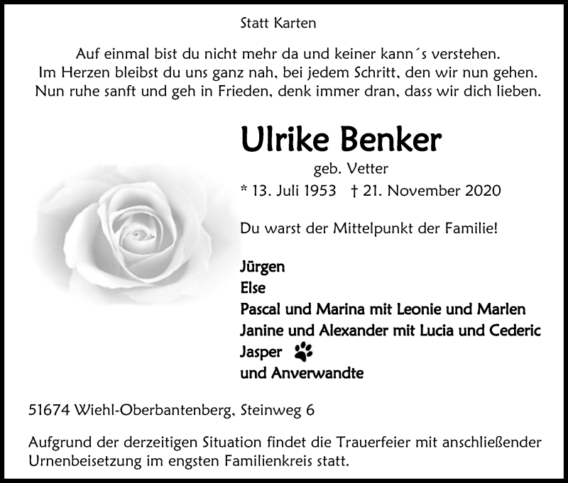  Traueranzeige für Ulrike Benker vom 25.11.2020 aus Kölner Stadt-Anzeiger / Kölnische Rundschau / Express